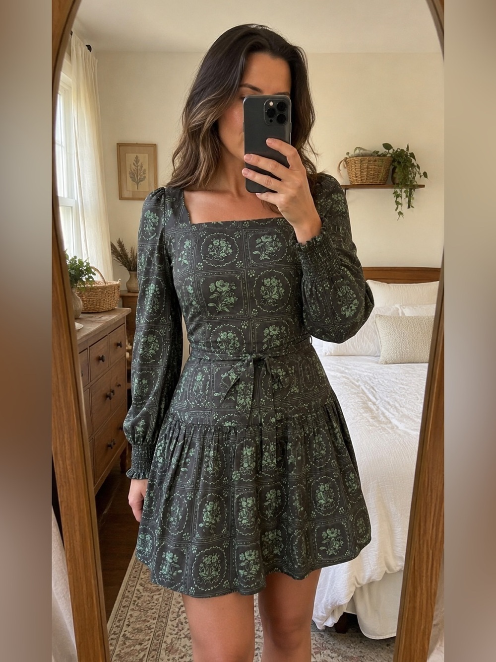 Ivy City Co Floral Mini Dress Size 2 Green Gray Cotton Long Sleeve Cottagecore